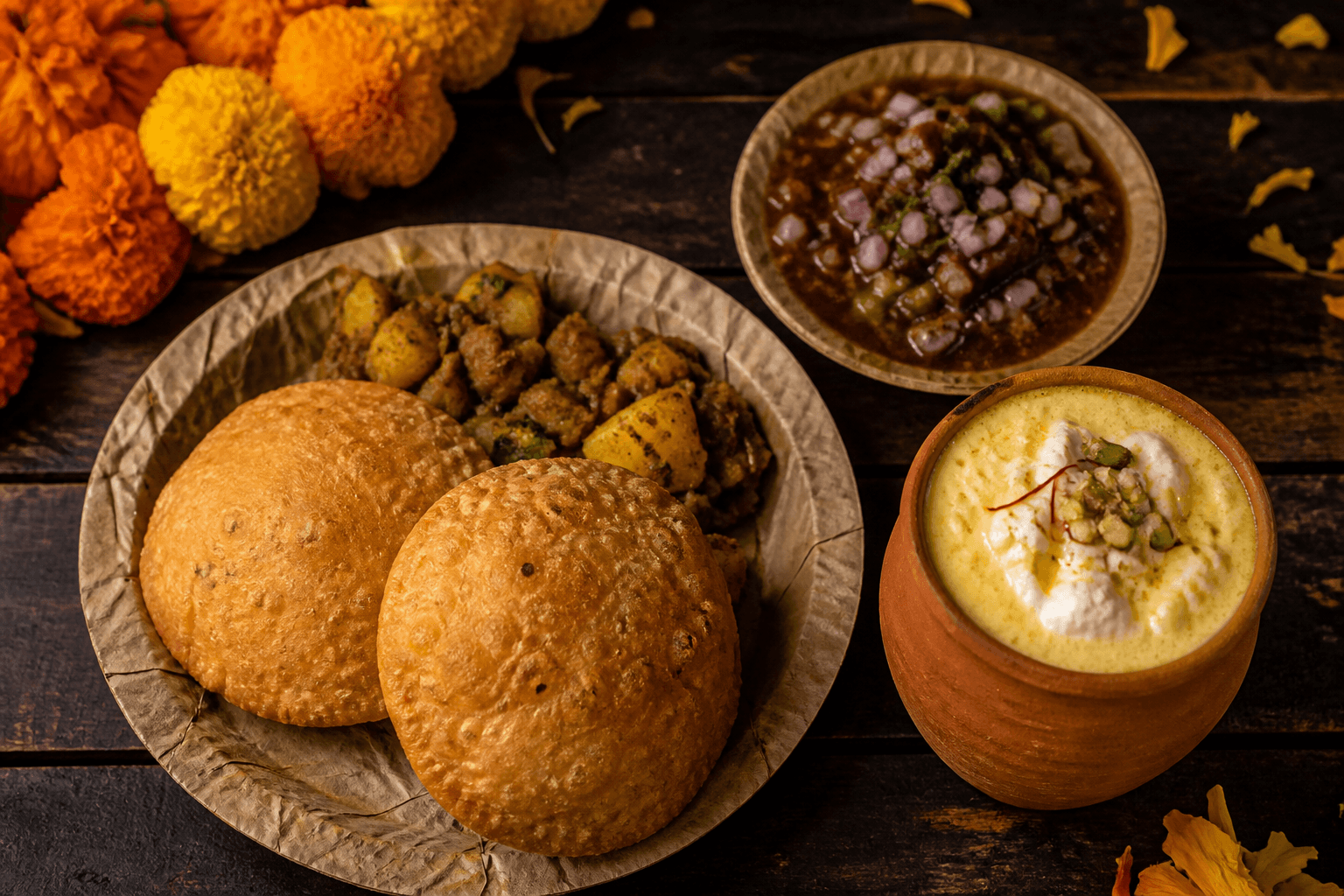 Kachori with spiced potato sabzi, chaat, and saffron lassi in a clay kulhad