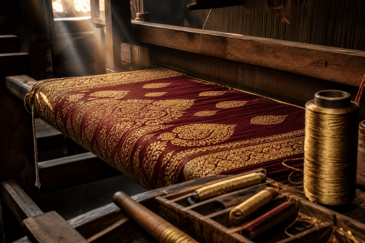 A handloom weaving gold zari brocade into deep maroon Banarasi silk