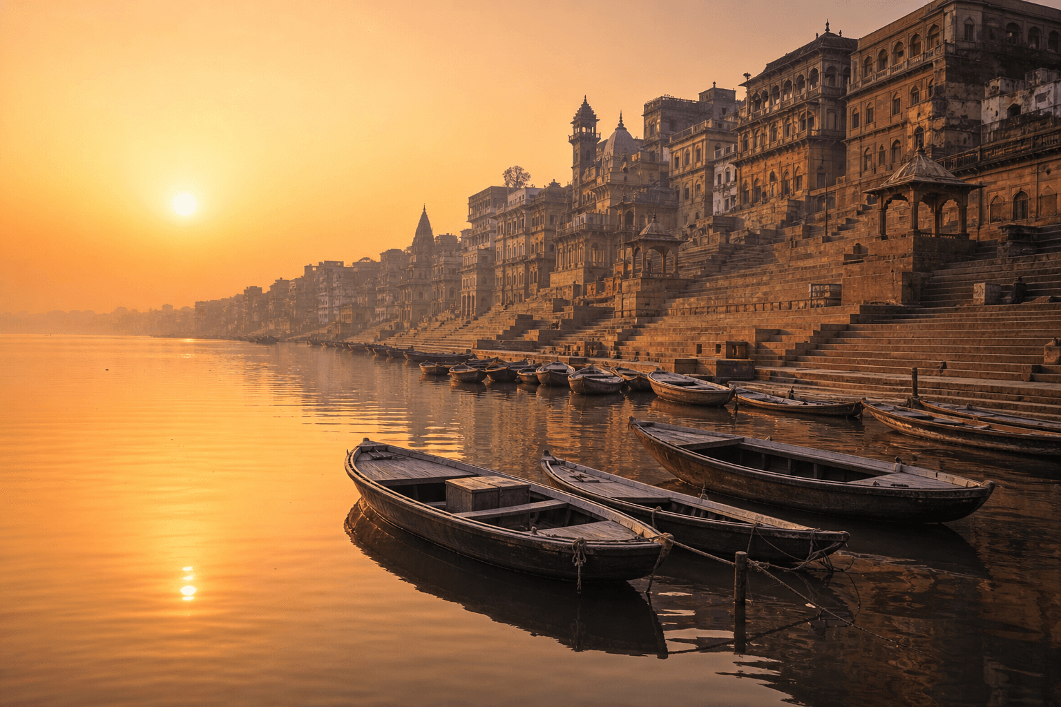 Wooden boats moored below the Varanasi ghats in the mist at sunrise