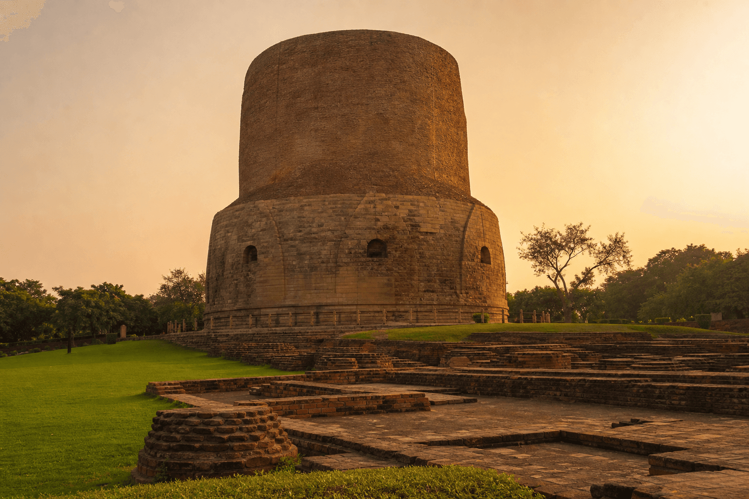 The Dhamek Stupa at Sarnath standing among ruins in golden evening light